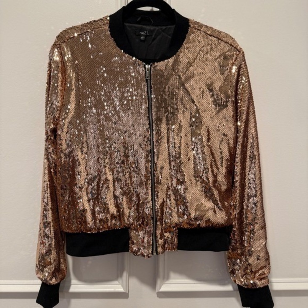 Rue21 Rose Gold Sequin Bomber Jacket Zip Up Black Ribbed Trim Women's Size L
